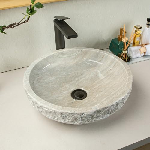 Fregadero de piedra cincelado a mano, fregadero redondo de mármol, bandeja de piedra 100% natural, lavabo de baño de mármol de lujo, artesanía tallada a mano, fregadero de piedra de 16 pulgadas