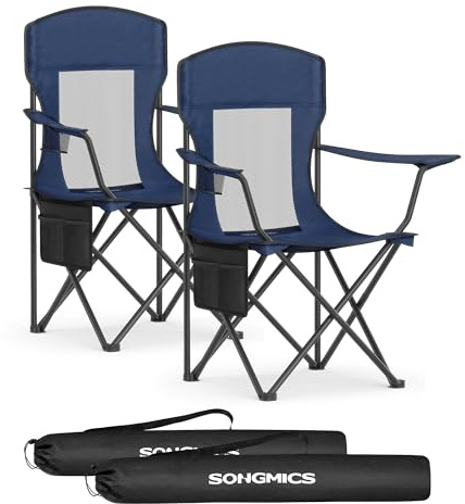 SONGMICS Juego de 2 Sillas de Camping Transpirables, Plagables Exterior con Respaldo Alto, Reposabrazos Ajustables, Portavasos, Carga 150 kg, para Jardín, Patio, Azul Marino GCB028Q01