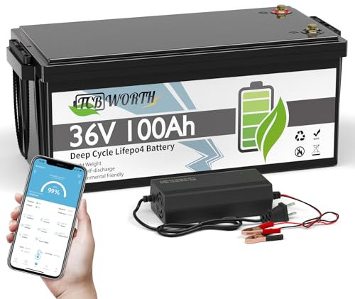 TCBWORTH Bateria Litio 36V 100Ah Bluetooth Batería LiFePO4, 15000+ Ciclo Profundo, Protección contra Bajas Temperaturas, para Carrito de Golf, Barco, Camping