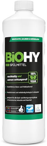 BiOHY Detergente para lavavajillas Plus (botella de 1 l), concentrado líquido orgánico para vajilla con etiqueta ecológica de la UE, desengrasante extra potente, ideal para dispensador de detergente,