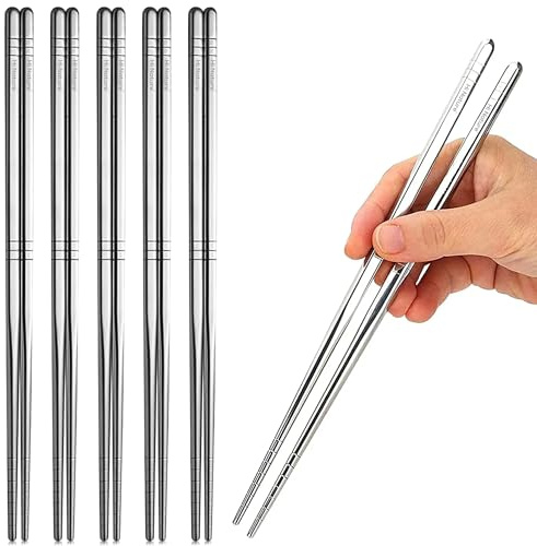 HI NATURE™ ätpinnar set – 5 par återanvändbara ätpinnar i rostfritt stål – halkfria och diskmaskinssäkra – koreanska metallpinnar – sushi bestick presentset