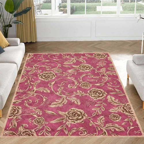 Floral Fuchsia Indoor Entrance Rug 60 x 90 cm Classic Contemporary Pattern for Bedroom Kitchen Bathroom Washable Doormat Fuchsia Brown Yellow