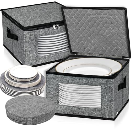 VERONLY Cajas de almacenamiento para vajilla de porcelana con tapa y asas, caja de almacenamiento para vajilla con 12 separadores de fieltro, puede contener 24 platos, 30,5 x 30,5 x 20,3 cm