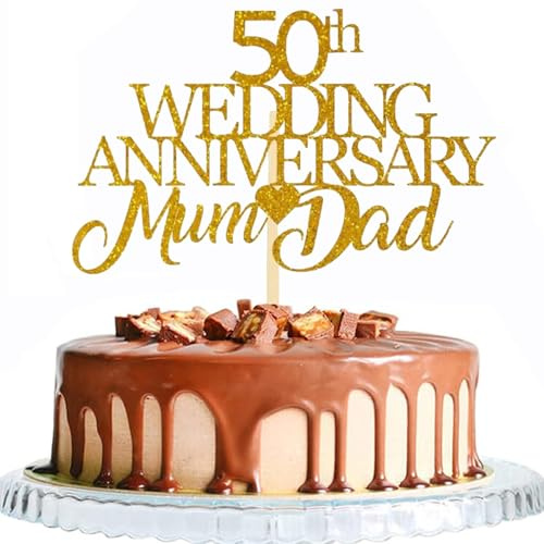 50th Wedding Anniversary Mum & Dad Cake Topper Gold Glitter Cake Toppers Picks for 50th Golden Wedding Anniversary Celebration Party Decorations Supplies