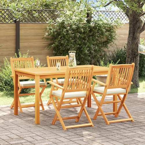 vidaXL Klappgartenstühle mit weißen Kissen, 4er Set, aus solidem Akazienholz. Tragbare Außenstühle für die Terrasse oder den Patio, faltbar und modern - der perfekte Platzsparer.