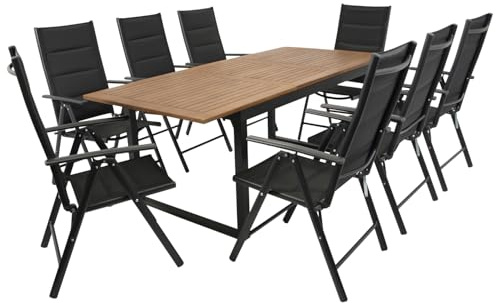 DEGAMO Gartenset Garnitur RIVELLO 9-teilig (8X Klappsessel, 1x Ausziehtisch 150/200x90cm), Alu anthrazit + Akazie geölt
