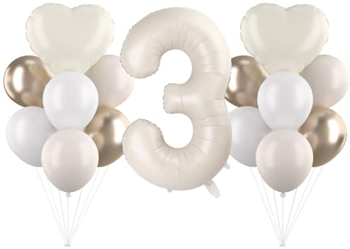 Cadimus Beige Luftballon 3.Geburtstag,40 Zoll Weiß Creme Folienballon 3 Jahr,Beige Zahlenballons,Geburtstagsdeko 3 Jahr Jungen und Mädchen,Hautfarbene Zahlenballons,Herz Folienballon