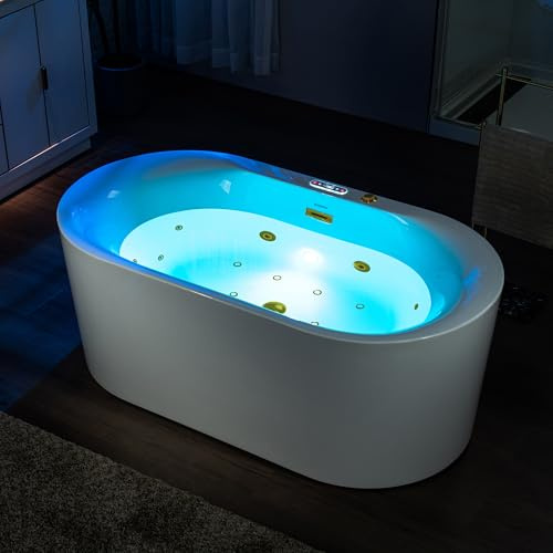 WOODBRIDGE 59 x 31-1/2 Whirlpool and Air Bath Heated Soaking Combination Tub with Adjustable Speed Air Blower and Display Control Panel, Brushed Gold Finish Trim and Drain Kit,BG100