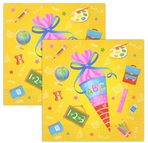 Scinzene 40 Stück Servietten für Einschulung mit Schulmotiven - Tischdeko Schulanfang Party, 33x33 cm, 2-lagig, 2 Packungen