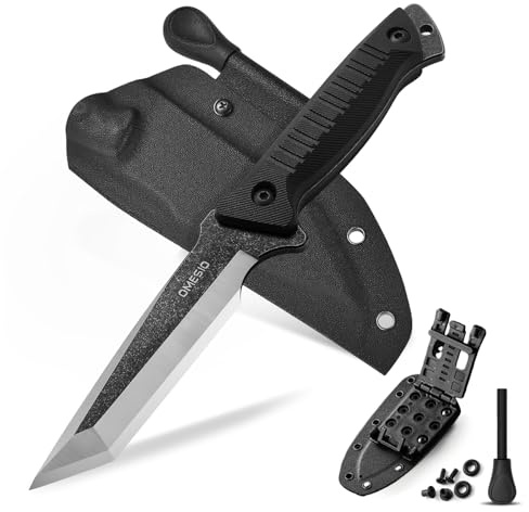 OMESIO L-MS01 Tanto-kniv med Kydex-slida, tändstål Jaktkniv av Full Tang 420C-stål, 10,4 cm G10-handtag för jakt och camping