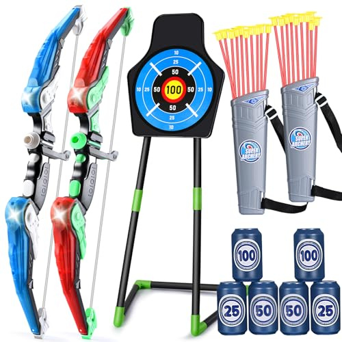 Bow and Arrow for Kids 4 5 6 7 8 with LED Lights-Indoor Outdoor Sport Gifts | Kids Bow and Arrow Set with 24 Suction Cup Arrows,1 Standing Target,6 Score Targets & 2 Quiver,Birthday Gift for Boys & Youth