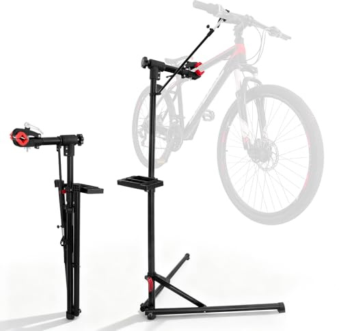 kisidus Fahrrad Reparaturständer 360° drehbar Höhenverstellbar klappbar Bis 30 kg Montageständer mit Werkzeugablage schwarz für Fahrräder Mountainbikes