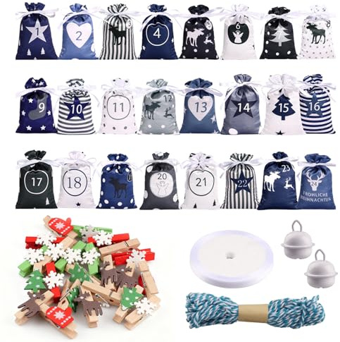 YunBey Calendrier de l'Avent à Poches - Set de 24 Poches Cadeaux à Cordon Tiraillement avec Motifs de Chiffres, Rennes et Sapins, incluant 10m de Corde, 24 Pinces et Ruban pour Décoration de Compte à