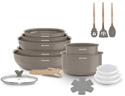 Arthur Martin Batterie de Cuisine 18 Pièces Aluminium Céramique, Marron