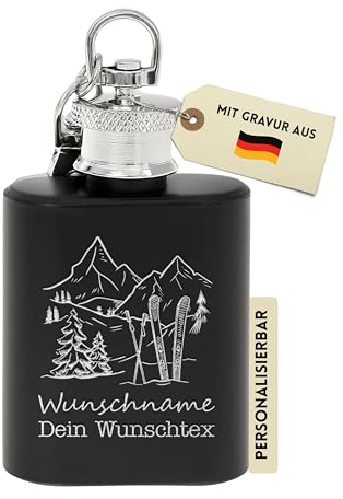 Flanacom Mini Flachmann mit Gravur aus Edelstahl 30 ml / 1oz Ski Fahrer Alkohol Geschenke für Männer Flachmann Personalisiert mit Wunschgravur Schwarz (1, Motiv 1)