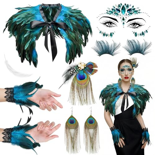 6 Teile Pfau Kostüm Damen Accessoires,Pfauenfedern Schultertuch Set mit Pfau Haarschmuck,Wimpern,Feder Armbändern,Ohrringen & Kristall Aufkleber,Faschingskostüme Damen,Karneval Cosplay Fasching