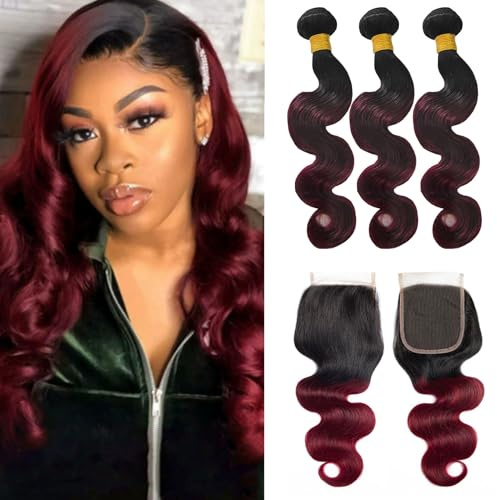 FUIBEJAE #11b/99j Rojo Vino Paquetes Sueltos de Onda Profunda Cabello Humano 3 Paquetes con Cierre de Encaje Cabello Brasileño Virgen Suelto de Onda Profunda Paquetes de Cabello,16 18 20+16closure