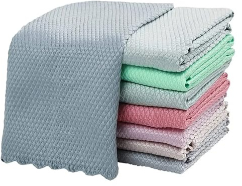 10pcs Kitchen Cleaning Microfiber Fish Scale Cloth Dishwashing Lint-free Dining Table Glass Wipe Polishing Reusable(30x40cm Mixed Color)