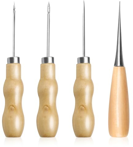 4 Pieces Wooden Handle Awl, Gourd Shape Awl, Tailors Awl, Wood Handle Scratch Awl, Sewing Awl, Punch Leather DIY Hand Sewing Tool, for Cutting Sewing Craft,Awl Tool