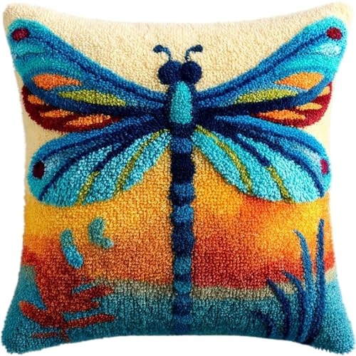 ZUHK Latch Hook Cushion Kits,DIY Throw Pillow Cover Sofa Cushion Cover Rug Shaggy Decorations fit for Home Sofa and Bedroom Decoration,43x43cm (Dragonfly)