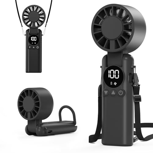AILBTON Handventilator klein & stark, 6000mAh Akku, 1-199 Stufen, Tragbarer Nackenventilator mit Band, Faltbarer Tischventilator, USB C Mini Ventilator leise für Unterwegs & Zuhause, Schwarz