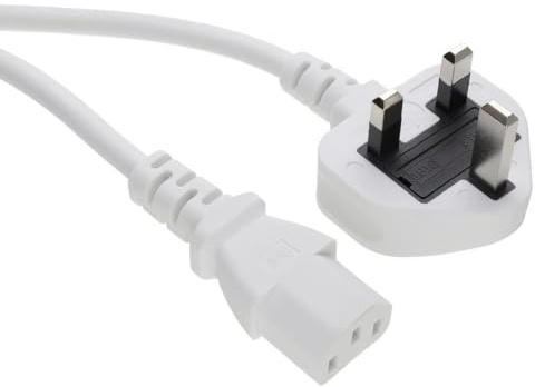 Power Cord UK Plug to IEC Cable (PC Mains Lead) 1.00mm2 C13 5m White