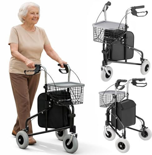 BAKAJI Déambulateur à 3 roues pour personnes âgées, handicapées, personnes à mobilité réduite, walker ergonomique avec freins et chariot de transport, sac de rangement avec fermeture éclair, structure