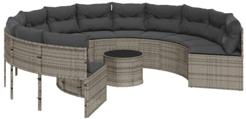 KKgypkn Rundes Gartensofa Set mit Tisch und abnehmbaren Kissen in Grau aus Poly-Rattan, Gartensofa Set Rund Poly Rattan, Outdoor Sofa Garten Polyrattan Grau, Rundes mit Kissen