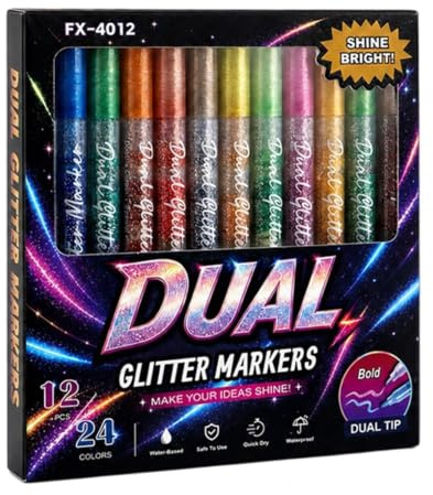 Glitter Pens for Adults - 12 Pieces Sparkling Double-ended Markers | Glitter Paint Pens for Art Drawing Painting Lettering Journal Planner Office Home Birthday Halloween Wedding