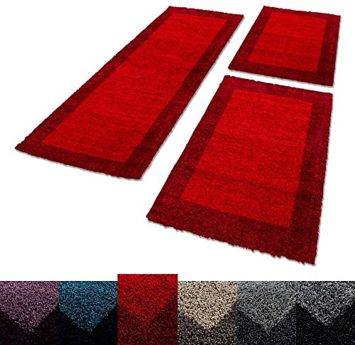 Unbekannt Shaggy Hochflor Teppich Carpet 3TLG Bettumrandung Läufer Set Schlafzimmer Flur, Farbe:Rot, Bettset:2x60x110+1x80x150