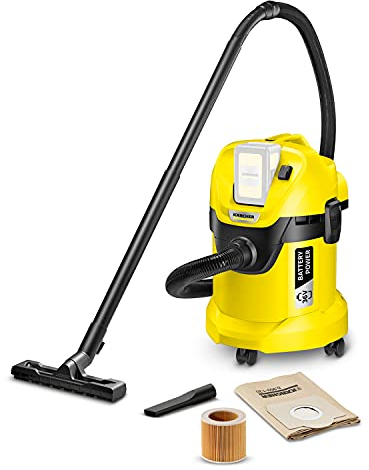 Kärcher WD 3 Battery - Bidone Aspiratutto Solidi Liquidi, Potente Aspirapolvere a batteria da 36V, 300W, con Sacco, Funzione Soffiante, Giallo/Nero