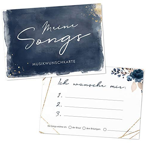 DeinWeddingshop 50 Musikwunschkarten A6 Musikwunsch, DJ-Karten für Hochzeit - Hochzeitsfeier, Gäste-Wünsche, Hochzeitsspiel, Premium-Papier - 10,5 x 14,8cm (Watercolor Breeze)