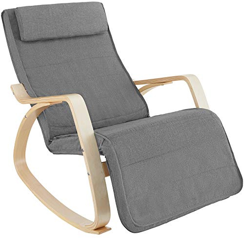 tectake® Sedia A Dondolo, Poltrona Relax Ergonomica, Poggiapiedi, Poltrona a Dondolo, Imbottita, Rivestimento Lavabile, Struttura Legno, Per Salotto, Camera Da Letto, Ufficio, Studio - Grigio Chiaro