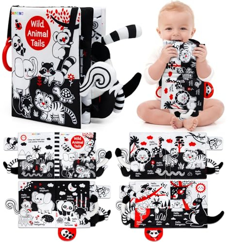 OKOOKO Soft Baby Book Black and White High Contrast Animals Tails Book Bath Toy Montessori Sensory Stroller Toy Non-Toxic Crinkle Washable Early Education for Baby Infant Toddler