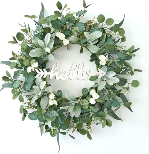 TOKCARE 22 Inch Eucalyptus Wreath for Front Door with Hello Sign, Artificial Spring Summer Greenery Wreaths with Lambs Ear & Willow Leaves, All Season Farmhouse Wall Window Porch Decor