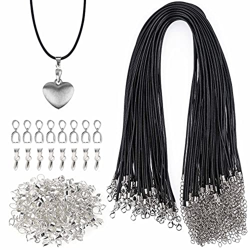 FYSL 120 Stück Lederband Kette 50cm Lederband Kette mit Verschluss Lederband Schwarz Lederband Kette DIY Schmuck Machen Zubehör(60 Lederband Kette, 60 Anhängerschlaufe Ösen)