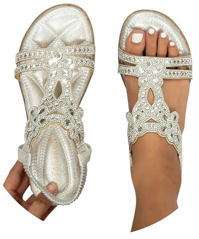 BIBOKAOKE Flache Sandalen Damen Größen Strass Bohemia T-Riemen Frauen Weichen Sohlen Sommerschuhe Gummiband Slingback Elegante schöne Mädchen Strandschuhe