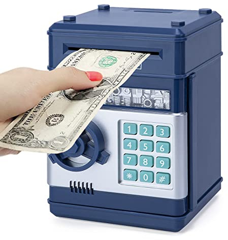 Highttoy Hucha Electrónica para Niños 3-12 Años, Hucha Cajero Automatico Caja Fuerte Huchas Dinero Caja de Dinero Contraseña Divertido Juguetes Regalos para Niños Azul Oscuro