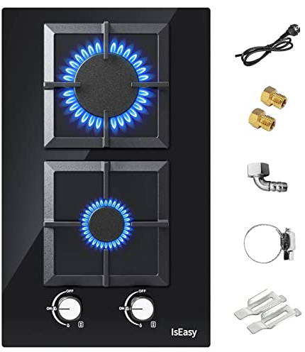 Gaskochfeld 2 Flammig, IsEasy Domino Glas Gaskochfeld, 2700W/1000W, 31cm, Erdgas(20mbr)/Propangas(30&50mbr), 2 Zonen Glas Gaskochfeld mit Stecker, Autark Einbau,Schwarz, 220-240V