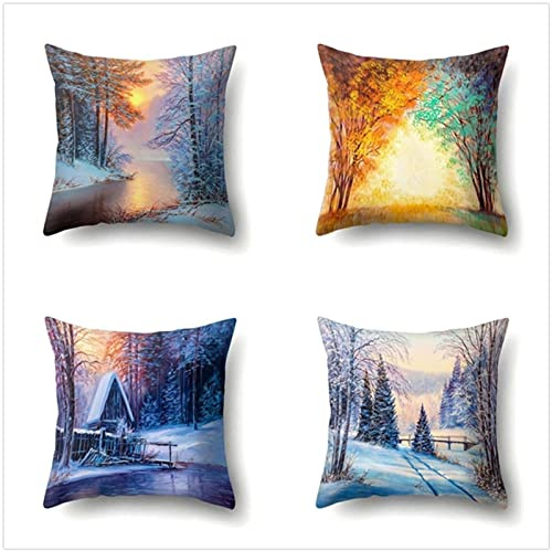Kissenbezug 65x65cm 4er SetBoho Wohnzimmer Outdoor Deko, Schlafzimmer Zimmer Dekor Kissenhülle Kissenbezüge mit Verstecktem Reißverschluss, Couchkissen, Sofakissen Weinachten Wald-Schnee-Fluss