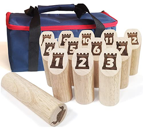 Jac & Mok Kubb Wurfspiel Holz Wurfspiel mit Hartholzstiften inklusive Tragetasche Outdoor Familienspiele Set
