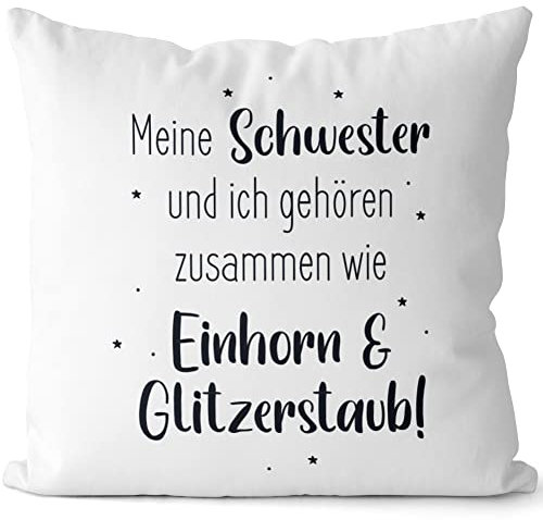 JUNIWORDS Kissen, Meine Schwester und ich gehören zusammen wie Einhorn & Glitzerstaub!, Weiß-Rosa, 2-farbig (1008690)