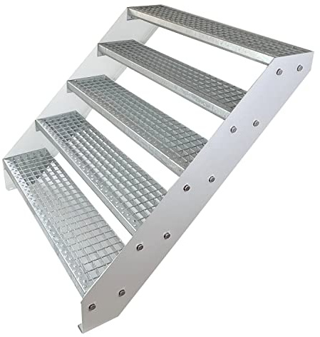 Kaminbau Mierzwa Premium Stahl Treppe Verzinkt & Weiß Pulverbeschichtet 5 Stufen (Breite 60 cm) (Höhe 95 cm) Wetterfest Gitterroststufe Gartentreppe