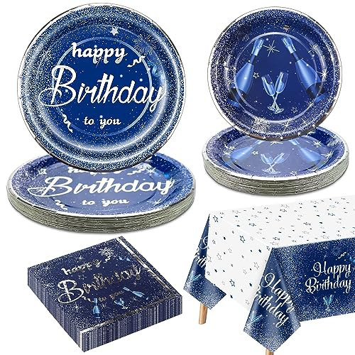 Navy Blue and Silver Birthday Party Decorations for 20 Guests, Navy Blue Tableware Set Includes Blue Paper Plates, Happy Birthday Tablecloth, Napkins for Men Women Birthday Party Decorations