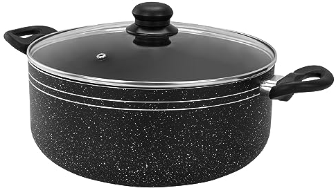 Royalford Casserole Dish with Tempered Glass Lid | Cooking Pot, Induction Stockpot Saucepan with Non-Stick Coating | Aluminium Cookware, Suitable for Multiple Hobs | Black (28 Cm)