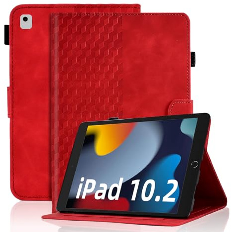 Hülle für iPad 10.2-Zoll 9/8/7 Generation Schutzhülle (2021/2020/2019) Premium Ledertasche Smart Case mit Auto Schlaf/Aufwach Kartensteckplatz für iPad Air 3/Pro 10,5, Rot