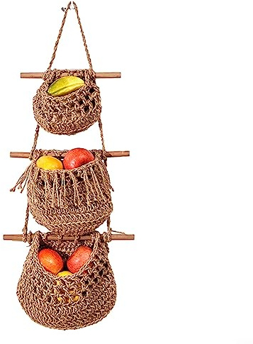 Hanging Fruit Basket 3 Tier Wall Decorative Storage Organizer, Vegetable Kitchen Counter Space Saver Storage Round Organiser, Brown