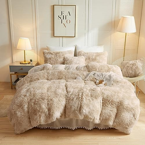 Nyescasa Plüsch Bettwäsche 155x220 Winter Warme Flauschig Langhaar Biber Wendebettwäsche Set Beige Khaki Cashmere Touch Coral Fleece Bettbezug mit Reißverschluss und Kissenbezug 80x80cm