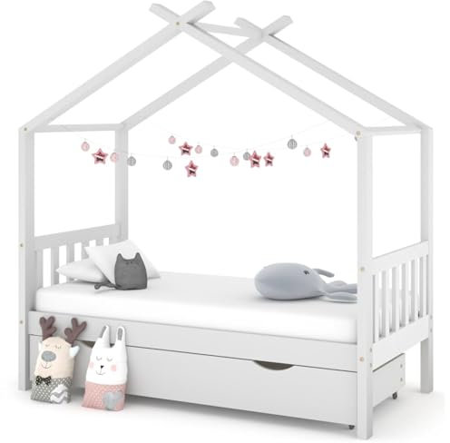 Festnight Kinderbett mit Schublade 80x160 cm Hausbett für Jungen & Mädchen ab 4 Jahren Kinder Bett Holz Jugendbett Massivholz Holzbett Bettgestell mit Lattenroste Bettrahmen Kinderzimmer Weiß