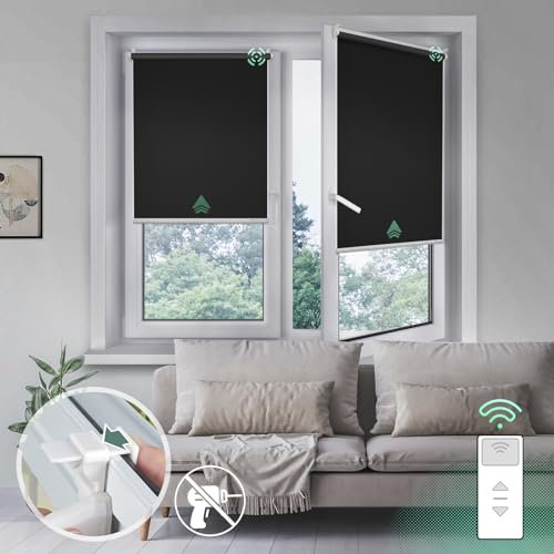 Yoolax Elektrische Rollos mit Motor& Fernbedienung, Klemmfix Rollos für Fenster Ohne/Mit Bohren,Smart Rollo Nach Maß(100% Verdunkelung Wasserdicht Dunkelgrau)